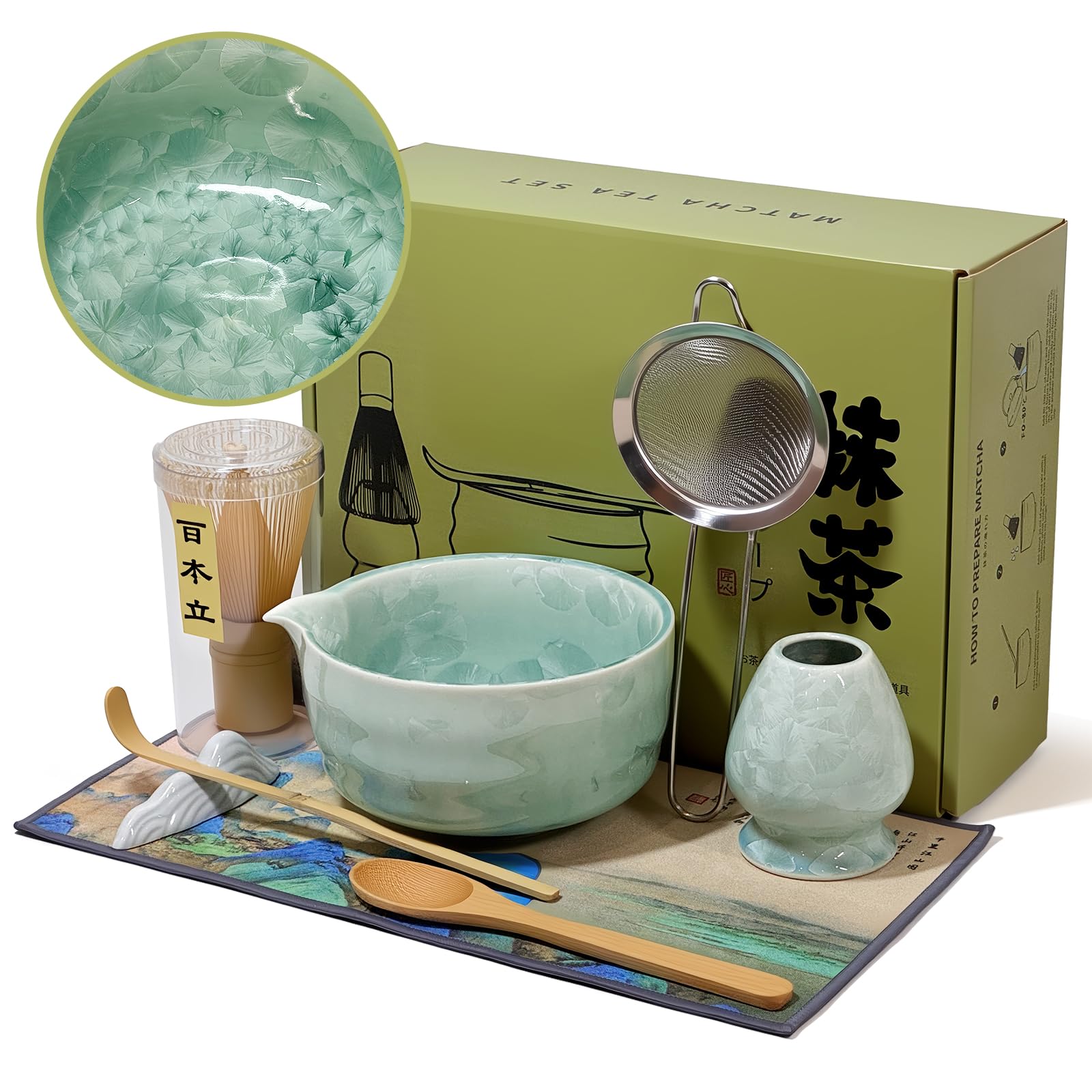 Matcha Whisk Set with Ceramic Bowl - Bamboo Whisk (Chasen), Scoop, Sifter & Holder - Complete Kit for Traditional Matcha Tea - Unique Gifts for Women, Men, Tea Lovers (Matcha Crystal)