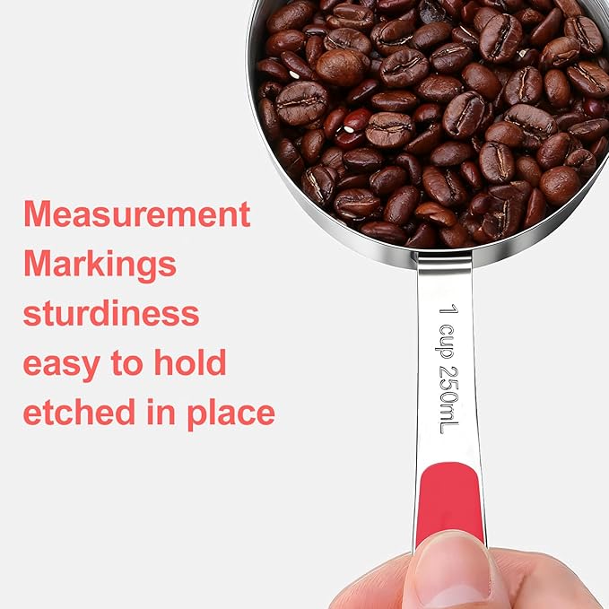 Bopei Measuring Cups and Spoons Set Stainless Steel 10 Piece for Cooking and Baking (5 Cups + 5 Spoons, Red Handle)
