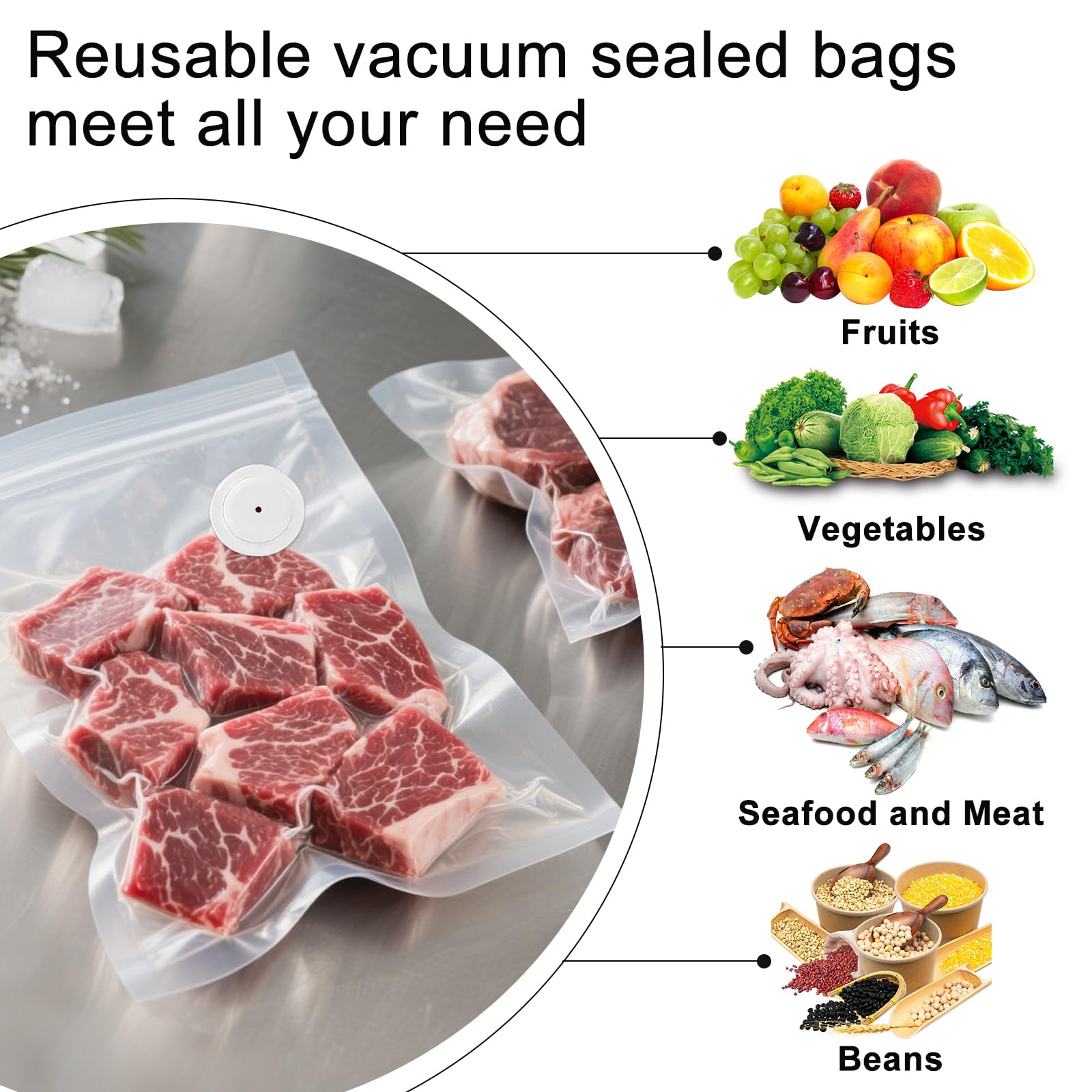 MEGAWISE Vacuum Zipper Bags 20Pcs (12 * 13.5in), BPA Free, Reusable Food Storage Bags with Air Valve for Sous Vide Cooking/Freezer/Microwave Heating, with 5 Seal Clips.