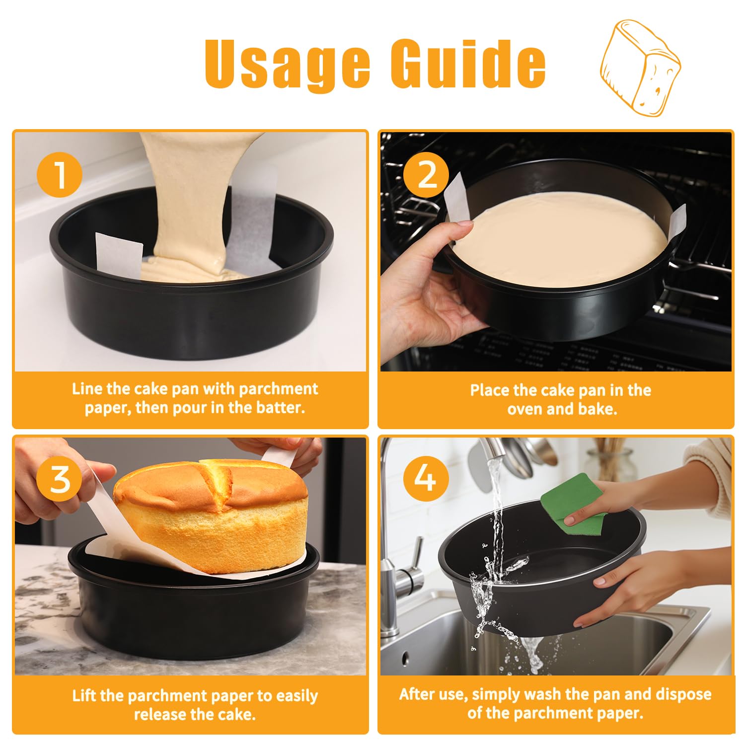 BakerChef 8 Inch Cake Pan Set of 3, Nonstick Round Cake Pans with 110 PCS Parchment Paper, Non-Toxic Carbon Steel Cake Baking Pans, Dishwasher Safe