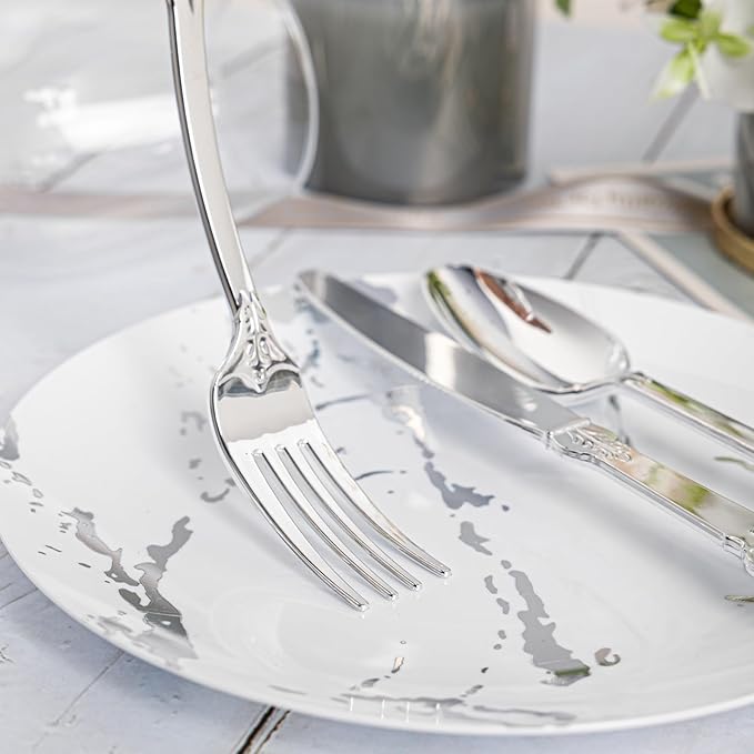 N9R 300PCS Silver Plastic Silverware, Vintage Disposable Utensils & Cutlery