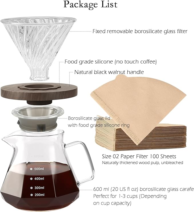 Lalord Pour Over Coffee Maker, 20 oz Borosilicate Glass Carafe with 100 pcs V60 Paper Filter, Walnut Handle & Glass Lid, Drip Coffee Maker for Home Café Restaurant Camping, 600 ml, Clear