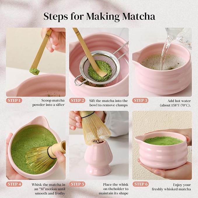 DOWAN Matcha Whisk Set, 7 Pcs Matcha Set Includes Bowl with Spout, Whisk and Holder, Bamboo Scoop and Holder, Sifter and Tea Towel - Matcha Kit Gift for Lovers Beginners (Pink)