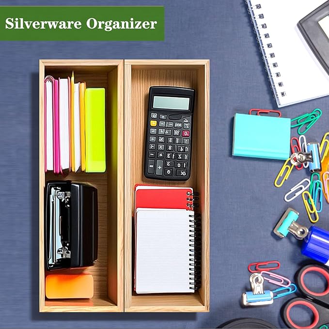 guiogc Silverware Drawer Organizer, Utensil Organizer, Bamboo Storage Box Wood Tray for Drawer Set of 2