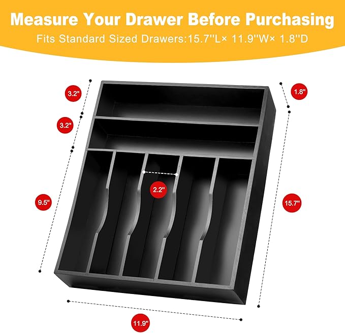 oridom Kitchen Bamboo Silverware Organizer, Kitchen Drawer Organizer - Utensil Holder and Cutlery Tray with Grooved Drawer Dividers for Flatware 7 Slot, Black