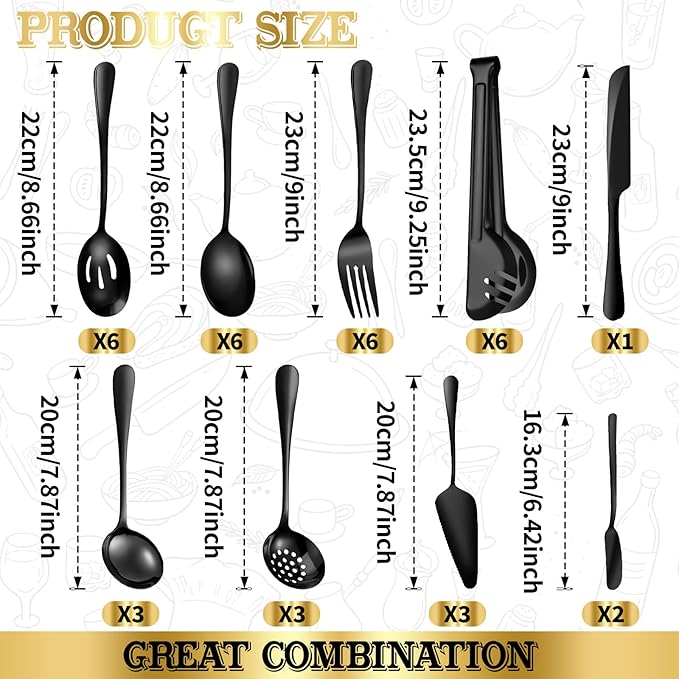 ZLMTZDJD 36-Piece Stainless Steel Serving Utensil Set – Complete Buffet Essentials with Spoons, Forks, Tongs, Ladle & More. Perfect for Wedding, Holiday, Catering, and Family Gatherings (Black)