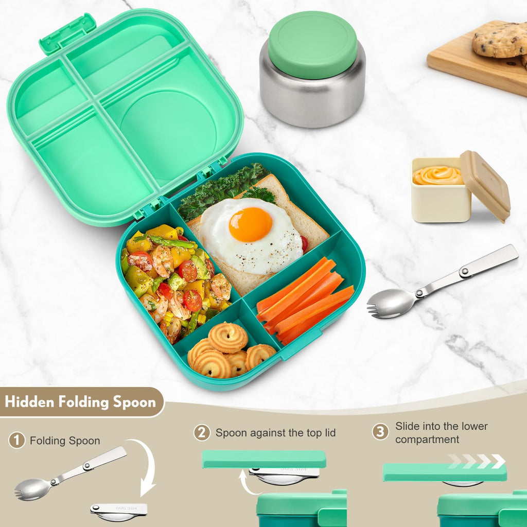 BOSEDSANG Bento Lunch Box with 12oz Soup Thermo,4 Compartments Lunch Box Containers, Spoon&Sauce Jar, BPA Free&Leak proof,Insulated Food Jar for Travel (Green)