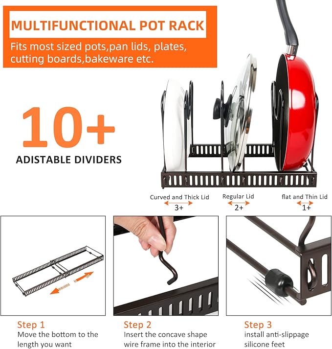 ROOHUA Pot and Pan Lid Organizer Rack for Under Cabinet, 12"-23" Expandable