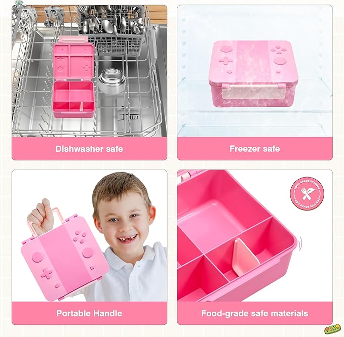 FAJSL Game Bento Box for Kids, Lunch Box with Thermo(9oz Food Jar), Folding Spoon, Removable Divider & Sauce Cup, Lunch Box Kids for School,Travel, BPA-Free & Realistic Shape (Pink)