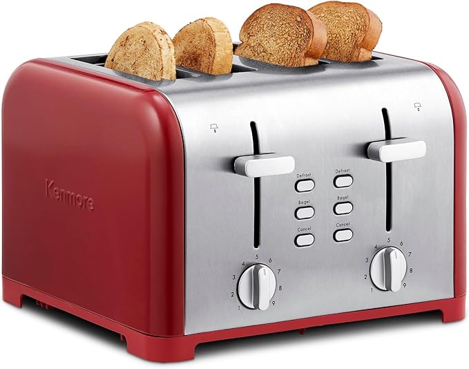 Slice Toaster, Red Stainless Steel, Dual Controls, Extra Wide Slots, Bagel and Defrost Functions, 9 Browning Levels, Removable Crumb Trays, for Bread, Toast, English Muffin, Toaster Strudel