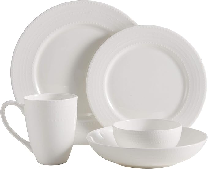 Mikasa Annabelle Bone China Dinnerware Set, 40-Piece Service for 8, White Hobnail Detail, Dinner Plates, Salad Plates, Bowls and Mugs, Dishwasher and Microwave Safe