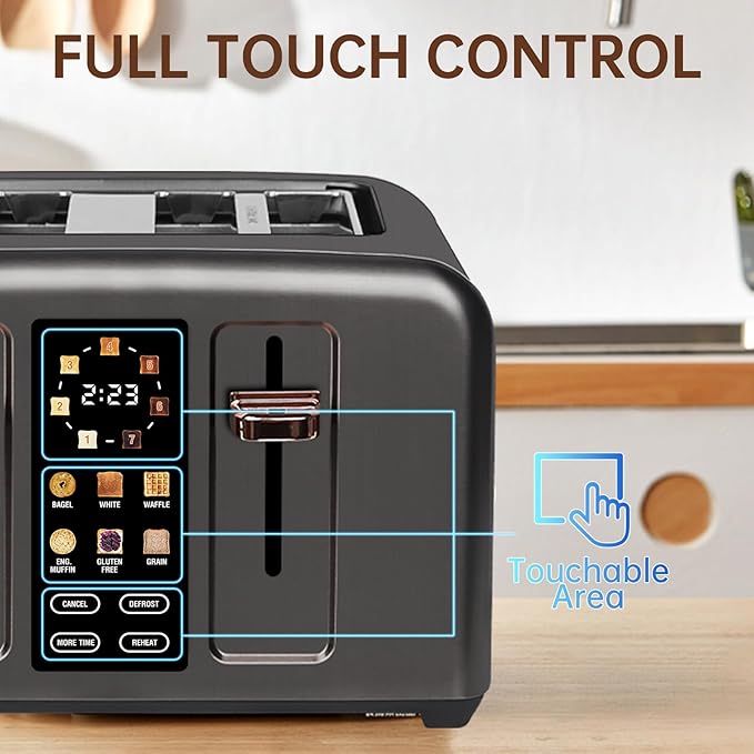 SEEDEEM Touchscreen Toaster 4 Slice, 7 Shade, Stainless, 1800W Dark Metallic