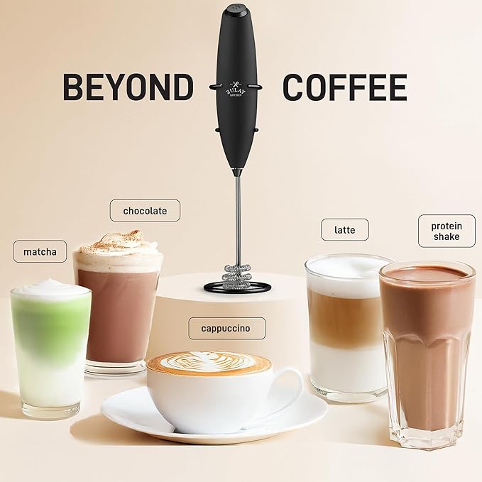 Zulay Kitchen Powerful Milk Frother Wand With Duracell Batteries - Ultra Fast Handheld Drink Mixer - Electric Whisk Foam Maker for Coffee, Lattes, Cappuccino & Matcha - Triple Whisk - Midnight Elite
