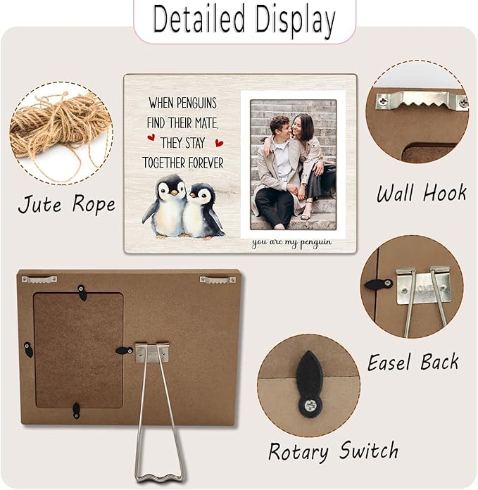 Penguin Photo Frame Gift, Engagement Picture Frame, Wedding Gifts for Couple, Valentine's Gift for Him Her, Anniversary Couple, fits 4x6 Photo, When Penguins Find Their Mate They Stay Together Forever