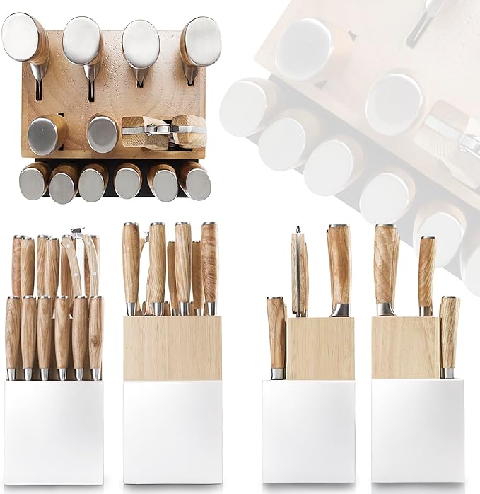 Kangdelun Ultra Sharp 14-Piece Kitchen Knife Set, High Carbon Stainless Steel Blades, Torrefied Natural Wood Handles, Ergonomic Design, Space-Saving White-Finished Wood Block, Easy Hand Wash, Gift Box