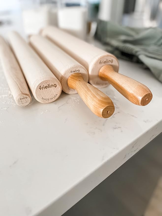 Frieling Maple Rolling Pin with Handles - 2.4-in x 12-in Barrel, 21-in Total Length-Natural Wood - Baking Essentials, Pastry Roller & Pizza Dough Roller