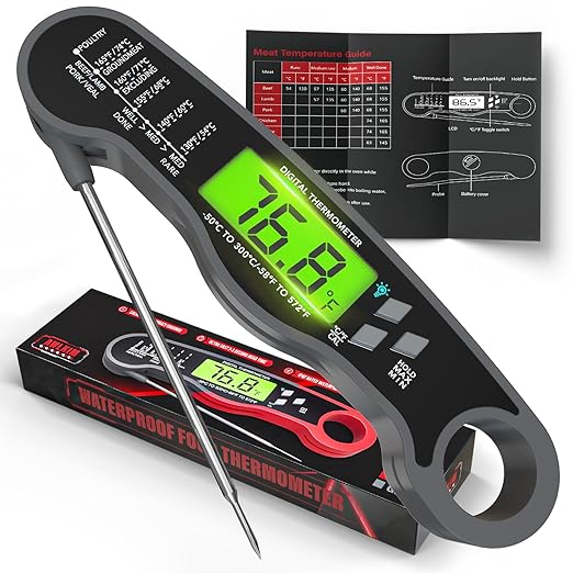 AWLKIM Smart Meat Thermometer, 3.8" Touchscreen, 0.5s ±0.5°F, IP68, Black
