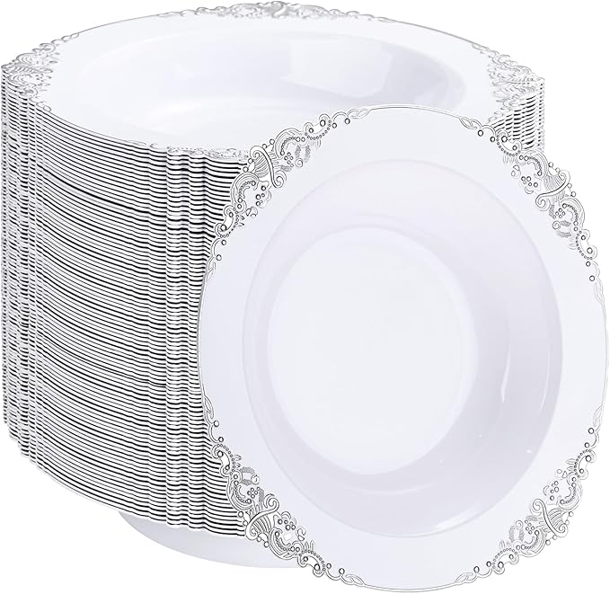 Joyido 100PCS Silver Plastic Bowls - 12 oz Silver Disposable Salad Bowls - Heavy Duty Disposable Soup Bowl - Fancy Plastic Ice Cream Bowl for Weddings Parties Dinners Picnics