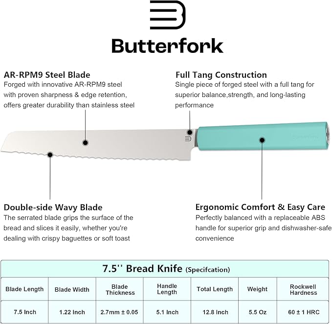 Butterfork 7.5" Serrated Bread Knife for Homemade Bread, Razor Sharp AR-RPM9 Steel & Innovative Wavy Edge, Professional Serrated Knife for Sourdough Bread Cake, Gift for Baker Home Chefs