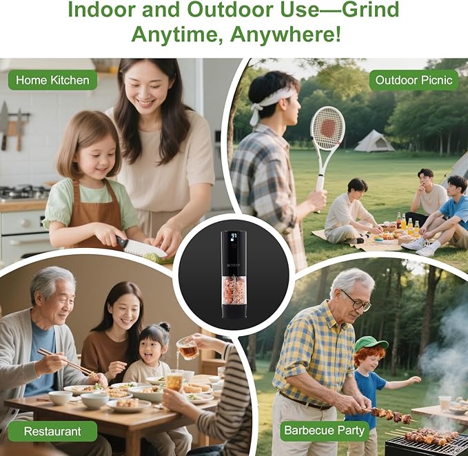 BCTILOP 2Pack Electric Salt and Pepper Grinder Set with Power Display, USB Rechargeable Automatic Salt & Pepper Mills, Adjustable Coarseness, 120ml Larger Capacity with LED Light (Black Set)