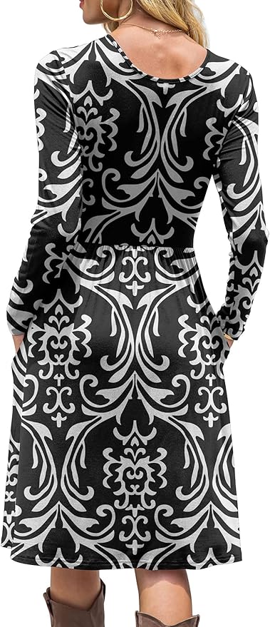 DB MOON Women Casual Long Sleeve Dresses Empire Waist Knee Length Loose Dress with Pockets (Black and White, M)