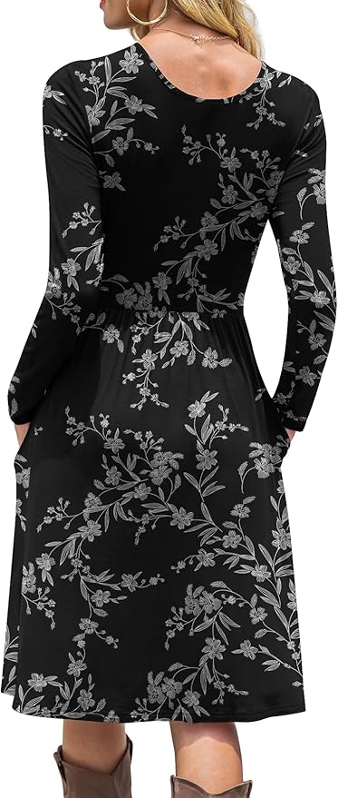 DB MOON Women Casual Long Sleeve Dresses Empire Waist Loose Dress with Pockets (White Flower Black, L)