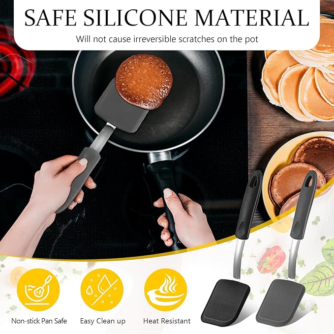 Yetene Silicone Cookie Spatula Turner 2 Pack Mini Brownie Spatula Flexible Kitchen Small Silicone Turner for Nonstick Cookware Heat Resistant No Scratch Flipper for Egg(Solid Flat,Black, Grey)