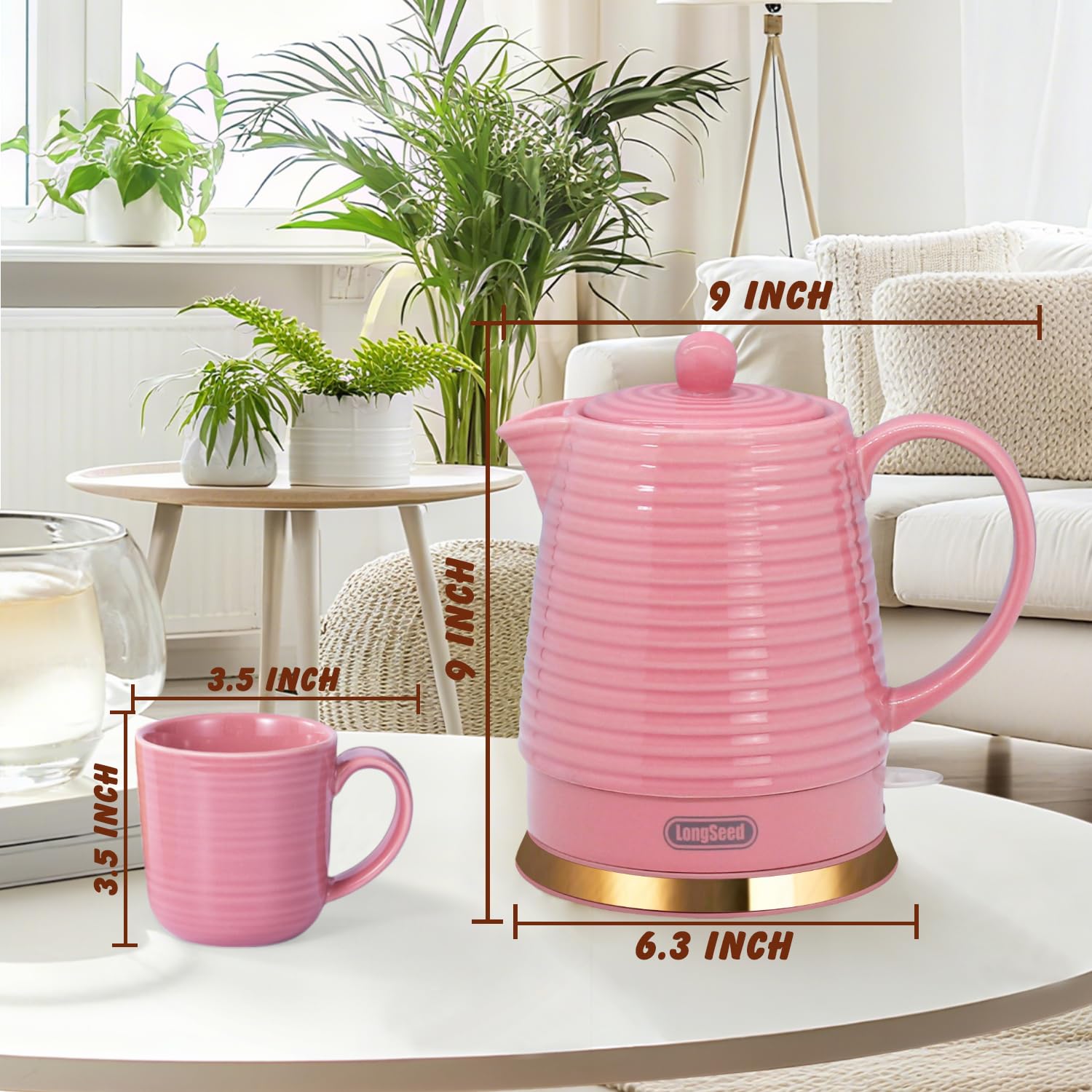 LONGSEED 1.2 Liters Ceramic Electric Kettle with Infuser & Mug Set,1000W Fast Boil Water for Tea Coffee, Teapot with Boil-Dry Protection Auto Shut Off, Detachable Swivel Base