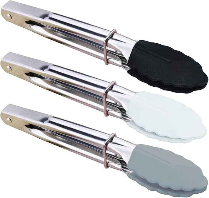 HINMAY 7-Inch Mini Tongs with Silicone Tips, Set of 3 (Black White Gray)