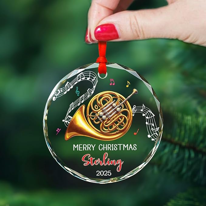 Musical Instrument Glass Ornament Christmas 2026, Personalized French Horn Player Xmas Ornaments, French Horn Glass Ornament Gifts for Musician, Custom Text & Name Instrument Lover Christmas Keepsake