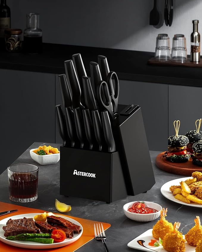 Astercook 15 Pieces Kitchen Knife Block Set with Sharpener, Black