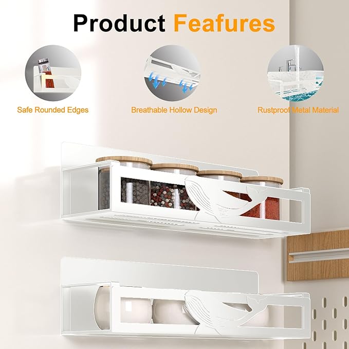AURIKAR Magnetic Spice Rack for Refrigerator, 4-Pack Metal Seasoning Organizer for Kitchen Storage Organization, Space Saving Magnetic Shelf for Fridge, Pantry, Laundry Room, White