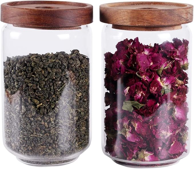 LEAVES AND TREES Y Glass Tea Canister, 25 FL OZ/ 750ml Bulk Food Storage Jar with Airtight Acacia Lid, Glass Food Container for Loose Leaf Tea, Coffee Bean(6 inch high)