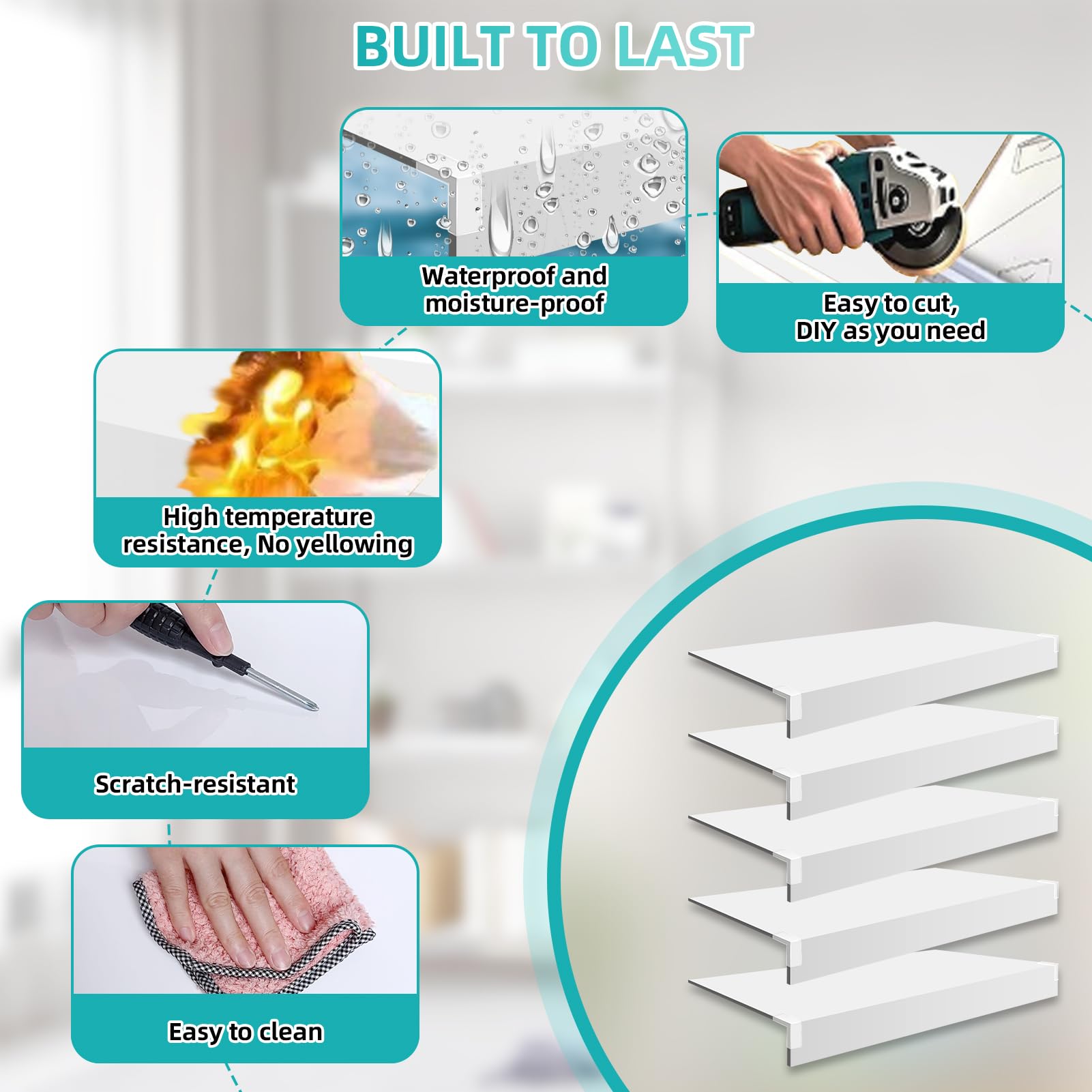 5 Pcs Wire Shelf Cover, 32X12X3 Inch Carbon Fiber Material Shelf Covers for Pantry Shelves(Not Wood), Waterproof Removable Closet Shelving Liner for Home Kitchen,Office Organization - White