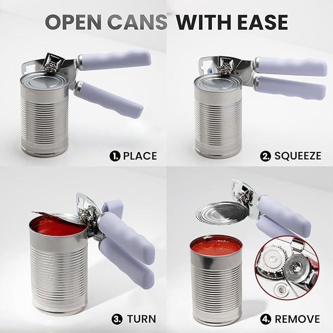 Zulay Kitchen Heavy Duty Stainless Steel Can Opener Manual with Bottle Opener - Rust Proof Manual Can Opener With Turn Knob & Comfy Soft Grip Handles - Airy Lilac