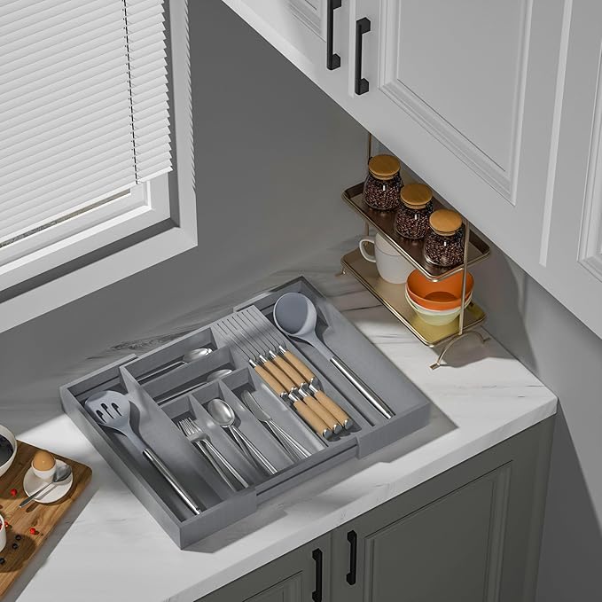 TIOPGHAD Expandable Bamboo Silverware Drawer Organizer Kitchen Tray, Grey
