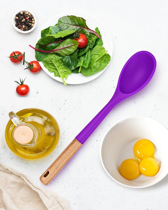 Badiano Large Silicone Cooking Spoons, Nonstick Solid Wooden Handle,13.2in