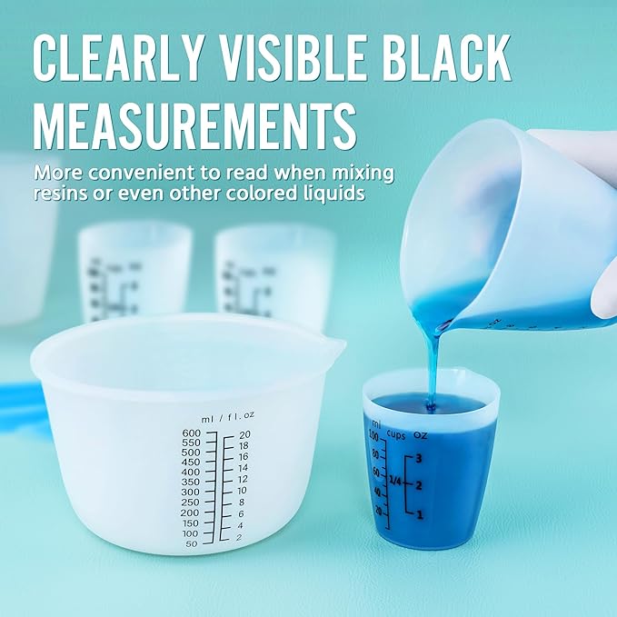 SWIGRANCE Silicone Resin Mixing Measuring Cups for Resin Supplies, Easy-to-Read Marks, 600ml/20oz Bowl, 250&100ml Thickened Reusable Silicone Cups for Epoxy Mixing, with Stir Sticks, Jewelry Making