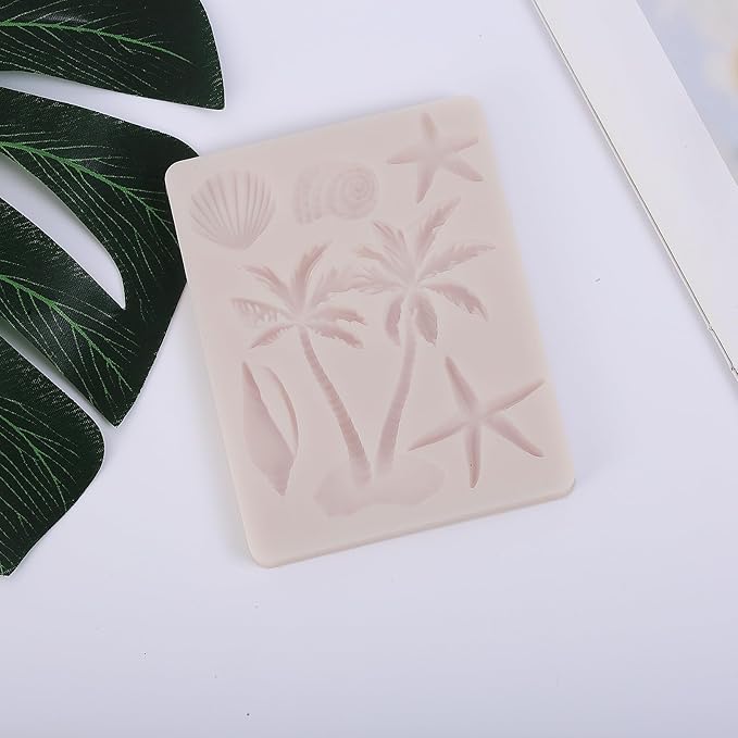 IKOJING 1pcs Coconut Tree Silicone Mold Starfish Shell Fondant Mold for Beach Ocean Theme Party Cake Decoration Chocolate Candy Flower Paste DIY Plaster Epoxy Polymer Clay Crafts