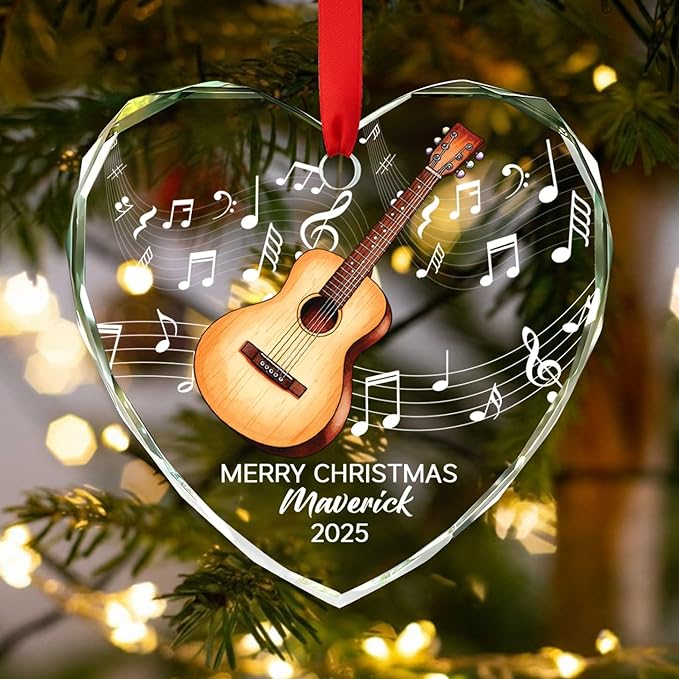 Personalized Guitar Glass Christmas Ornament 2026, Customized Text Year Name Keepsake Ornaments Gift for Guitarist Brother Sister Dad Mom Kids, Unique Guitar Musical Instrument Glass Xmas Ornament