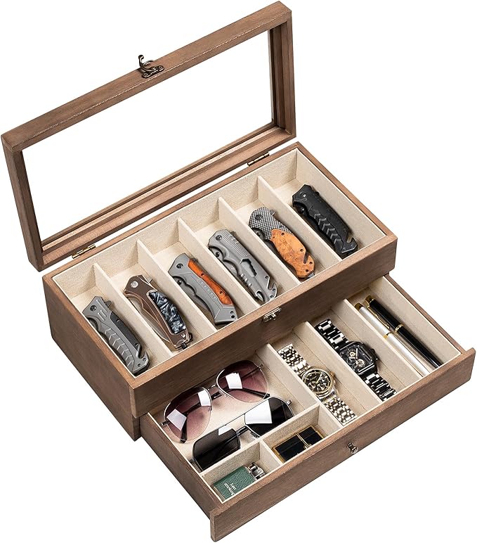 Yoimori Knife Display Case, 2-Layer Pocket Knife Case Display & Storage Knives, Solid Wood Knife Case for Collections, Gift for Boyfriend Fathers Day Birthday Gifts((Walnut)