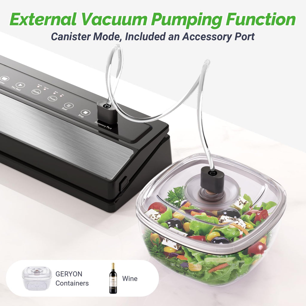 GERYON Vacuum Sealer, Vacuum Sealer Machine for Food Storage with Sealer Bags & Roll, Automatic Food Sealer for Sous Vide, Compact Design, LED Lights, Easy to Clean, Dry & Moist Modes (Grey)