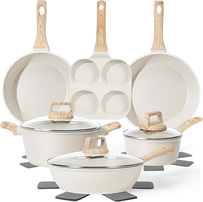 SODAY Pots and Pans Set Non Stick, 17Pcs Black Granite Induction Cookware