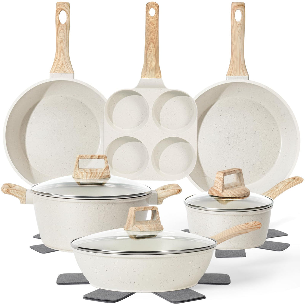 SODAY Pots and Pans Set Non Stick, 13Pcs White Granite Induction Cookware