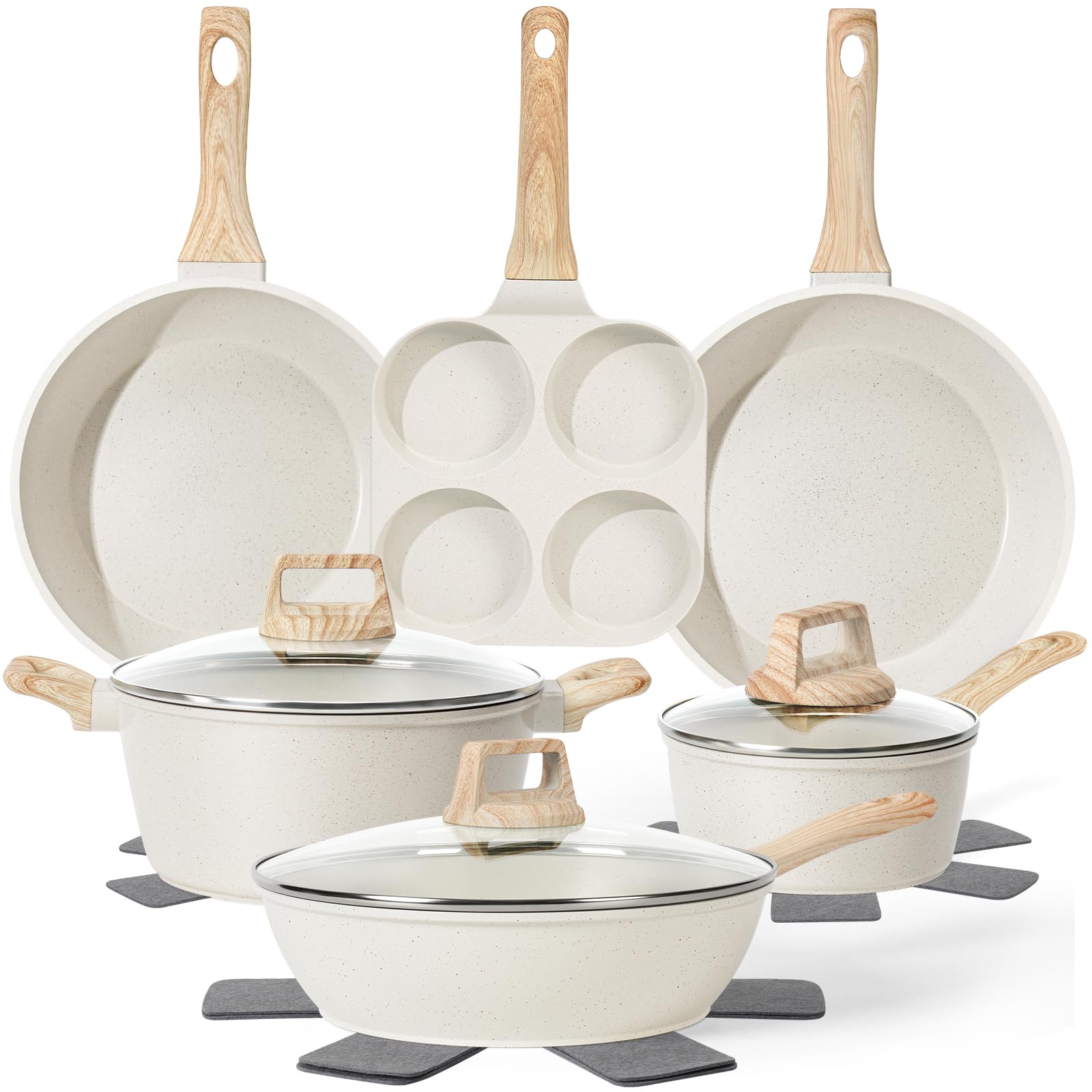 SODAY Pots and Pans Set Non Stick, 13Pcs White Granite Induction Cookware