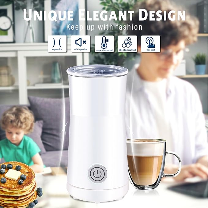 Huogary Milk Frother Simple Milk Frother and Steamer 2-in-1 Milk Steamer with Hot Milk Foam and Hot Milk for Latte, Macchiato, Cappuccinos, White （Medium）