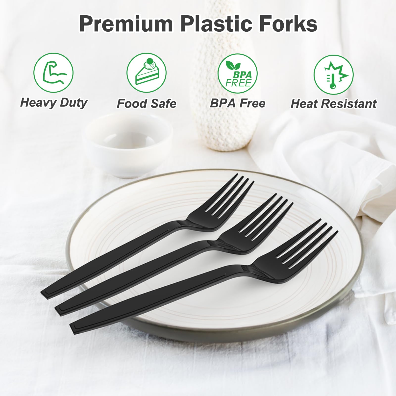 Dealusy 360 Count Extra Heavy Duty Black Plastic Forks Disposable, BPA-Free, Heat Resistant, Solid and Durable Disposable Forks Bulk, Premium Plastic Forks heavy duty for Party Supply