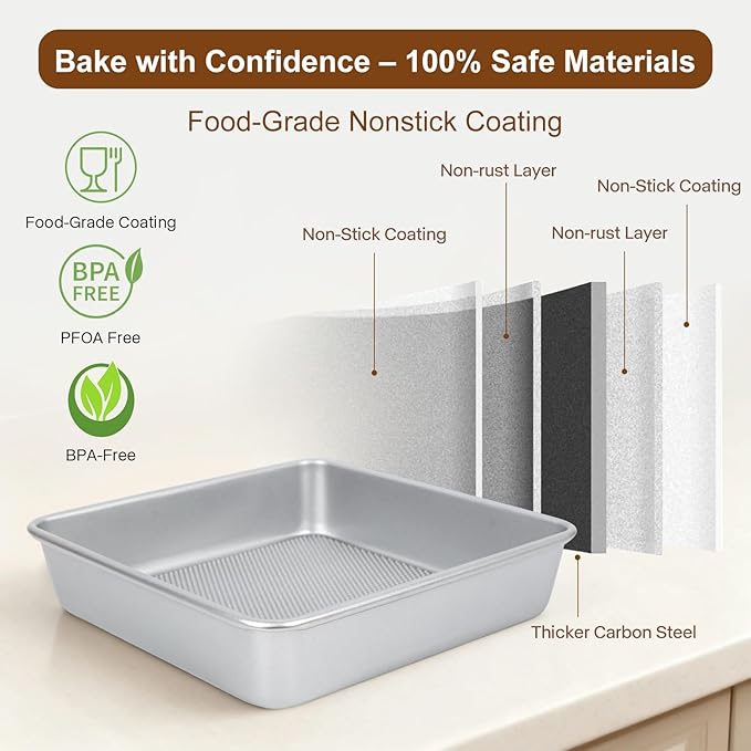 Logario 9 x 9 Inch Square Baking Pans, Set of 2, 0.8 mm Heavy-Duty Aluminized Carbon Steel Nonstick Brownie and Cake Pans, Textured Bottom, Oven Safe to 450°F, Silver