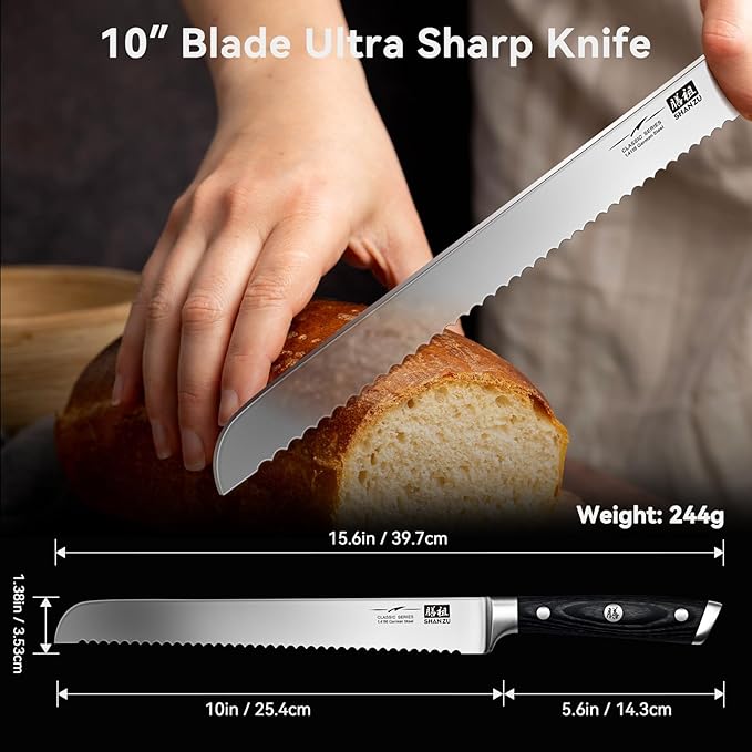 SHAN ZU 10-Inch Serrated Bread & Sourdough Knife with Wood Handle
