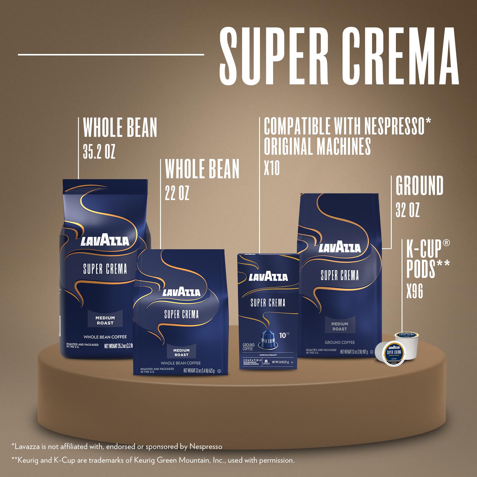 Lavazza Super Crema Whole Bean Coffee, Medium Espresso Roast, Arabica and Robusta Blend, 2.2 lb Bag (Pack of 2)